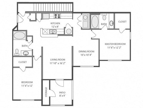 Floor plan for 2 beds, 2 baths, 1259 sqft